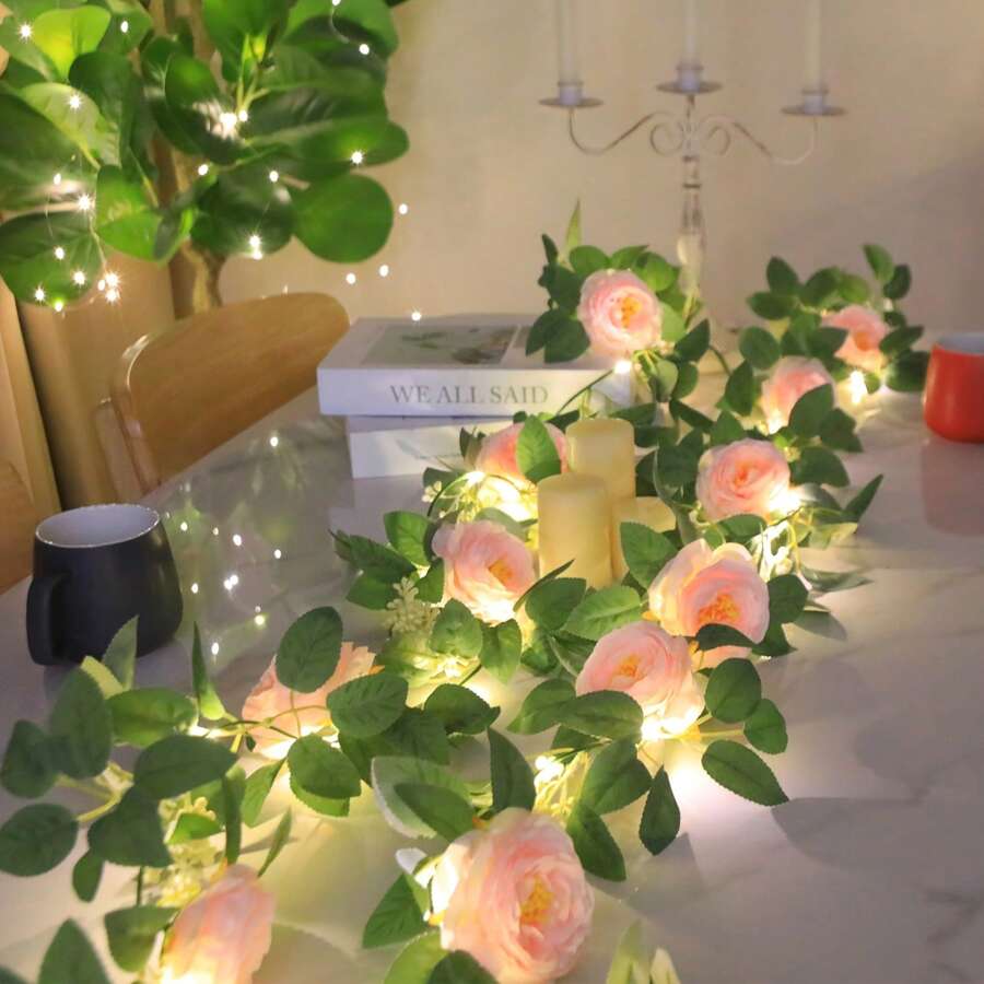 1pc Pink Camelia Artificial Vine Fairy String Lights, Battery Powered, Decorative Lighting For Living Room, Corridor, Bedroom, Staircase, Railing, Wedding, Party, Wreath, Garden, All Seasons [No Battery Included]