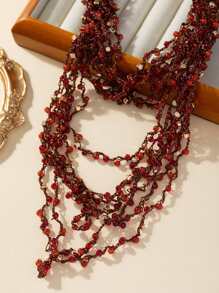 1pc Fashionable Crocheted Multi-Layer Knotted Red Statement Necklace, Suitable For Holidays And Everyday Wear - Red - View 3