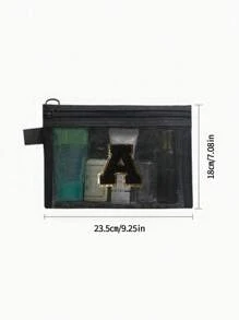 Black Mesh Bag, Large Capacity With Name Initials, Towel Embroidered Letters A-Z, Transparent Mesh Cosmetic Storage Bag, Multi-Functional Travel Portable Bag, Lipstick Skincare Product Storage Washing And Makeup Bag, Student Stationery Bag, Mesh Zipper Bag, Travel Cosmetic Packaging Storage Bag, Simple And High-End, Accessory Storage, Suitable For Dormitory Storage, Travel, Business Trip, Swimming, Home Storage Make Up Bag - Black - View 11