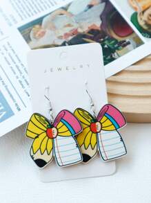 1 Pair Back To School Wood Pencil & Bow Dangle Earrings, Exaggerated Funny Pencil & Book Design, Suitable For Women, Holiday Gift