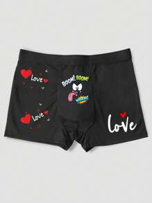 Men's Black Simple Letter, Heart & Printed Elastic Comfortable Briefs - Black - View 4