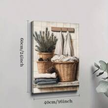 1 Pc Framed Laundry Room Decor, Laundry Baskets, Vintage Country Print Wall Art Textured Canvas Poster Painting Wall Decor For Bedroom Living Room, Ready To Hang