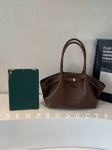 1 件女士复古时尚纯色 PU 皮革单肩包，大容量手提包，双手柄和按扣开合，适合旅行、购物、约会、女士礼物，适合青少年、大学生、初学者和办公室女士，适合办公室、大学、工作、商务、通勤、户外、旅行、野餐 - 咖啡 - 查看 4