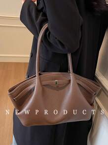 1 件女士复古时尚纯色 PU 皮革单肩包，大容量手提包，双手柄和按扣开合，适合旅行、购物、约会、女士礼物，适合青少年、大学生、初学者和办公室女士，适合办公室、大学、工作、商务、通勤、户外、旅行、野餐 - 咖啡 - 查看 5