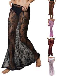 Falda de encaje transparente de verano para mujer, moderna falda larga de cóctel para bar, playa y fiesta. - Negro - Ver 3