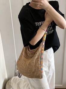 撞色休闲花朵图案斜挎包，复古镂空钩针手提包