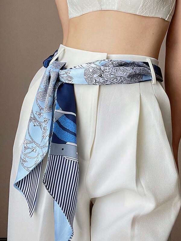 1pc Blue-Tone Scarf Sash/Belt, Long Narrow Scarf With Printed Check Pattern, Versatile For Women/Girls As Waist Wrap, Hair Accessory, Scarf, Lapel Flower, Multi-Functional Long Ribbon Belt, Elegant And Fashionable Summer, School
