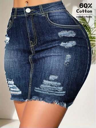 Summer Distressed Raw Hem Elastic Bodycon Denim Skirt