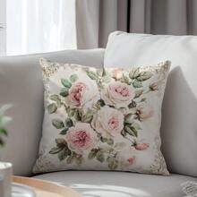 1 pieza Funda de cojín decorativo grande con estampado de rosa rosa, material de terciopelo durazno, impresión de un solo lado, 45*45cm, adecuado para sala de estar, dormitorio, sofá, uso en el hogar, regalo
