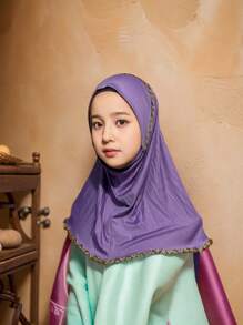 1pc Solid Color Gold Thread Lace Wrap Around Chin Convenient Hijab Cap, Breathable & Versatile Elastic Scarf In Mixed Colors, Hand-Made Chain Patterned Headscarf Cap For Girl, Instant Hijab, Malaysia/Indonesia Style