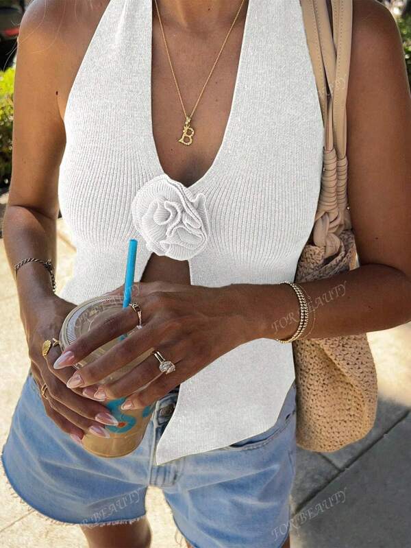 FOR BEAUTY Spring And Summer New White Hanging Neck Backless Knitted Vest Women Top For Simple And Sexy Music Festival Holiday Style Thin Pullover Women Summer Clothes Sweater White Tops Back To School