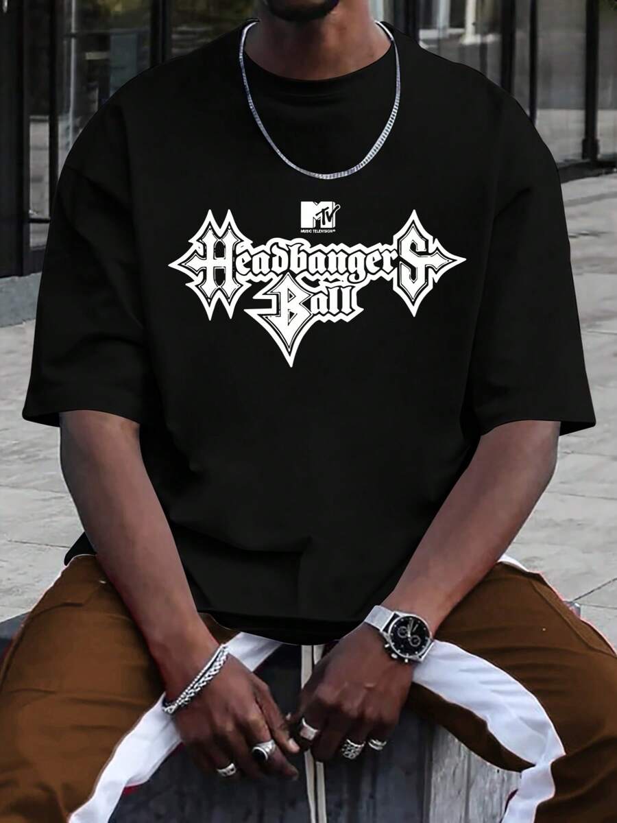 MTV Headbangers Ball Outline Logo T-Shirt Fashion Print T-Shirt , Men's 220g New Summer Casual Round Neck Heavy Pure Cotton Short-Sleeved T-Shirt - Black - View 1