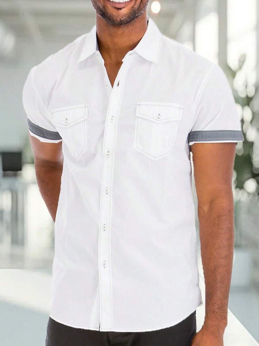 Mens Short Sleeve Western Two Pocket Button Up Shirt - White - View 1