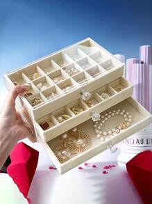 1pc18 Grid 3-Layer Transparent Acrylic Jewelry Storage Box With 72 Drawer Style Storage Box, Equipped With Protective Cover, Beads, Etc., Durable Display Cabinet For Easy Storage And Retrieval. The Luxurious Jewelry Storage Box With 72 Compartments Can Store Rings - Beige - View 2