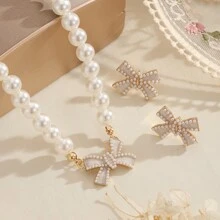 Conjunto de 1 peça/3 peças de colar e brincos de laço de pérola falsa requintados, especialmente projetados para mulheres, um presente ideal para namorada no dia dos namorados, mãe, mãe, dia das mães, presente