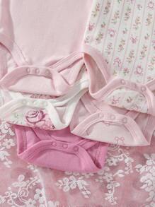 5pcs Baby Girls' Cartoon Short Sleeve Bodysuit, Cute Spring/Summer