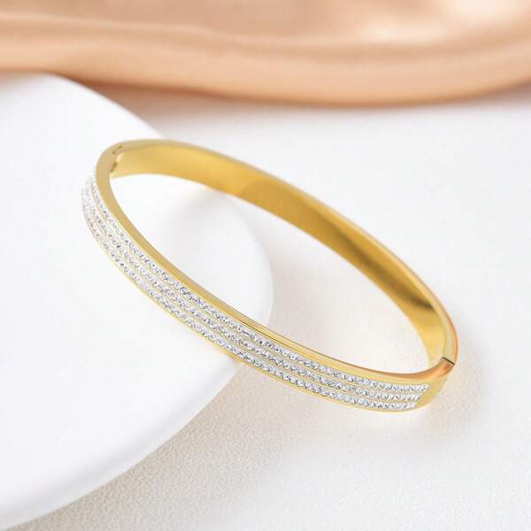 1pc Gold-Color 3-Row Crystal-Studded Bracelet, Suitable For Daily Wear