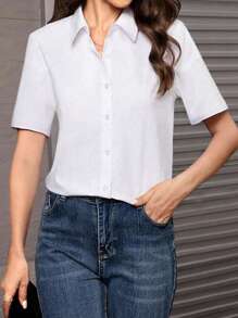 女士休闲百搭纯色短袖衬衫 - 白色 - 查看 2