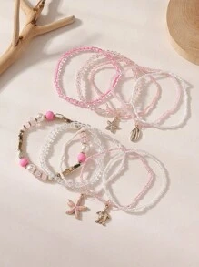 10pcs/Set Bohemian Ocean Style Dolphin, Starfish, Turtle, Shell Beaded Elastic Bracelets, Suitable For Women, Beach Holiday, Personalized Accessories, Holiday Gift