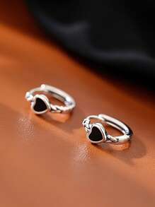 925 純銀黑色心形圓形耳環,簡約優雅鑲嵌女士婚禮珠寶配件