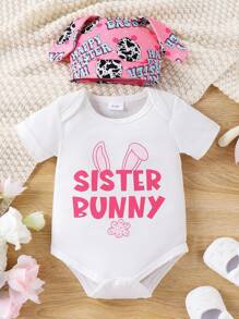Baby Girls Easter Outfits Bunny Ear Letter Print Short Sleeve Rompers Easter Eggs Print Long Pants Hat 3Pcs Clothes Set Cool Girl - Hồng - Xem 5