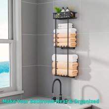 HapiRm Towel Rack Bathroom Storage - 3 Tier Over The Door Towel Rack With Metal Shelf Basket And 6 Hooks Wall Mount Towel Holder Rolled Towel Organizer For Small Bathroom Black