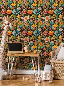1 rouleau de papier peint rétro épais à motif de fleurs peintes de style dessin animé, simple et adapté à la décoration de la maison, des armoires de cuisine, des tables et des chaises, des fonds de pièce, de la rénovation de la maison, du DIY, résistant à l'eau et aux taches, facile à nettoyer, autocollant, à décoller et à coller, stickers muraux, décoration murale pour la chambre, la salle de bain, la chambre, la pièce, le salon, la maison