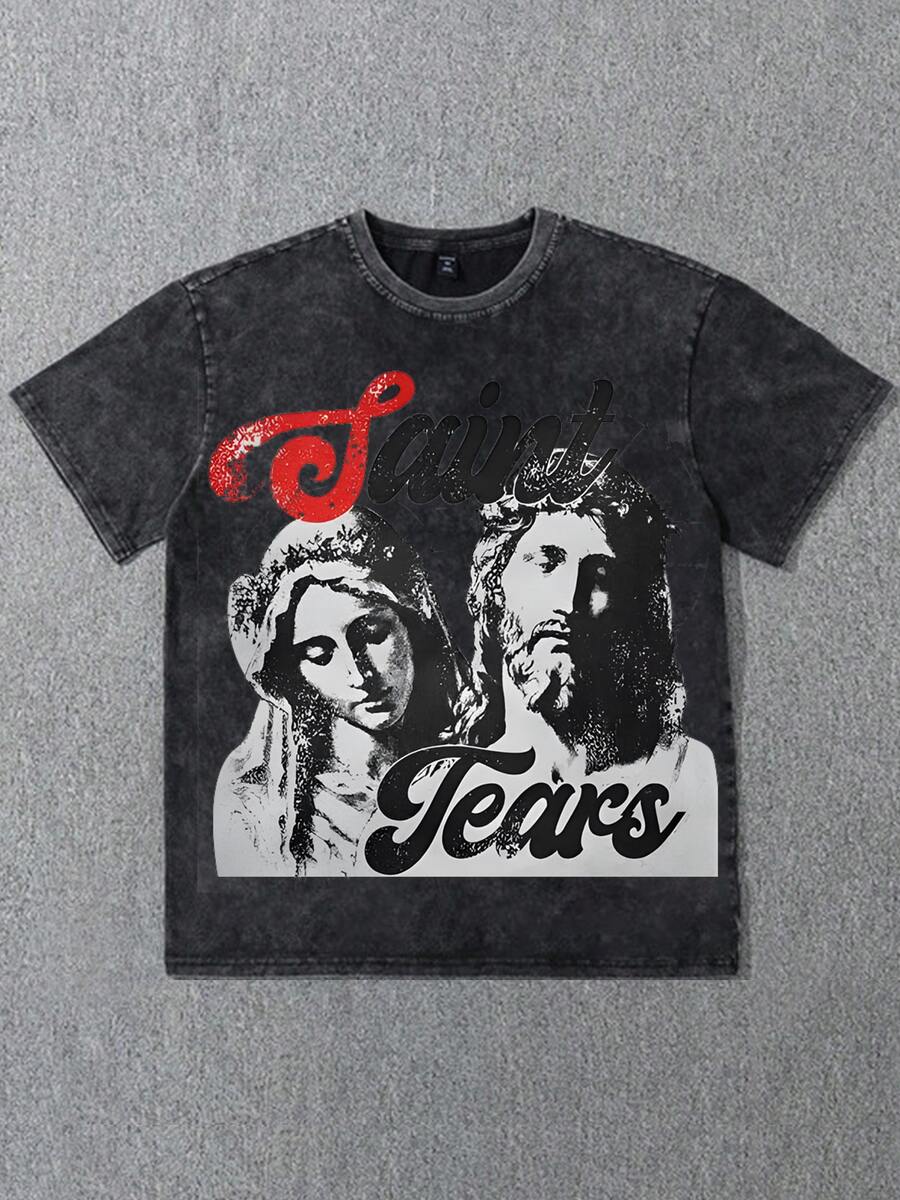 Faith Conquers Fear, Jesus Will Bless You, Classic Retro Hip-Hop Fashion Street High Street Y2K Jesus Big Head Portrait Print 230g Washed Cotton T-Shirt, Men's Summer High-Quality Printed Washed Cotton Retro Fashion Brand Loose Casual Black T-Shirt, Suitable For Outdoor Wear In Summer, With A Certain Thickness, Daily Wear And Friend Gifts, Back To School Gifts, Children's Gifts