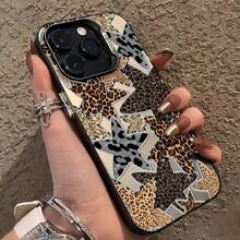1 pieza Funda de teléfono con patrón de estrella pentagonal de brillo IMD y estampado de leopardo, compatible con iPhone 16 Pro Max, 15/14 Plus, 13, 12, 11, resistente al agua, a los golpes y a los arañazos