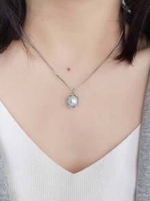 1 Pc Stainless Steel Pearl Pendant Necklace, Minimalist Design, Fade-Resistant Snake Chain Short Necklace Accessories For Women - Silver - View 2