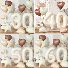 10 piezas de globos de color crema de 32 pulgadas con números 30/40/50/60, globos con forma de corazón beige marrón, apropiados para decoración de fiesta de cumpleaños 30/40/50/60, aniversario de boda