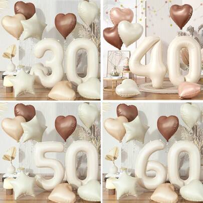 10pcs 32-Inch Cream Color Number 30/40/50/60 Balloon, Beige Brown Heart Shaped Balloon, Suitable For 30th/40th/50th/60th Birthday Wedding Anniversary Party Decor