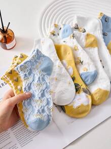 4 Pairs Vintage Floral Embossed Short Socks For Women, Yellow And Blue - Multicolor - View 1
