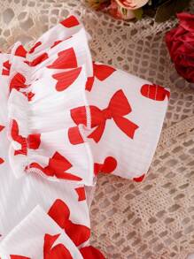 2pcs/Set Baby Girls Summer Elegant Lace Heart Bow Printing Ribbed Patchwork Double-Layer Mesh Splicing 2 In 1 Princess Tutu Dress With Bow Hair Accessory - Red - View 4