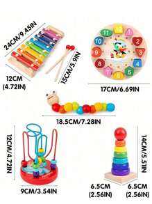 5-In-1 Wooden Toy Set: Percussion Instrument, Piano, Clock, Caterpillar, Beaded Puzzle, Music Educational Toys For Boys And Girls