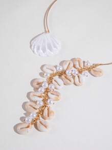 1pc Fashionable Boho Retro Style Resin Seashell & Faux Pearl Beaded Tassel Iron Choker Necklace, Suitable For Activities, Beach Party And Gifts (Seashells And Faux Pearls Vary In Size And Quantity) - Multicolor - View 7