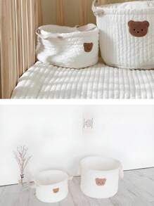 1pc Cute Bear Quilted Storage Basket For Baby Clothes, Diapers And Toys Organization - White - View 7