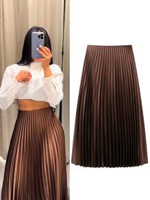 Women's Pleated Skirt Summer Brown Ruffle Skirt Cylinder Pleats Mid Waist Midi Skirt - Cà phê nâu - Xem 1