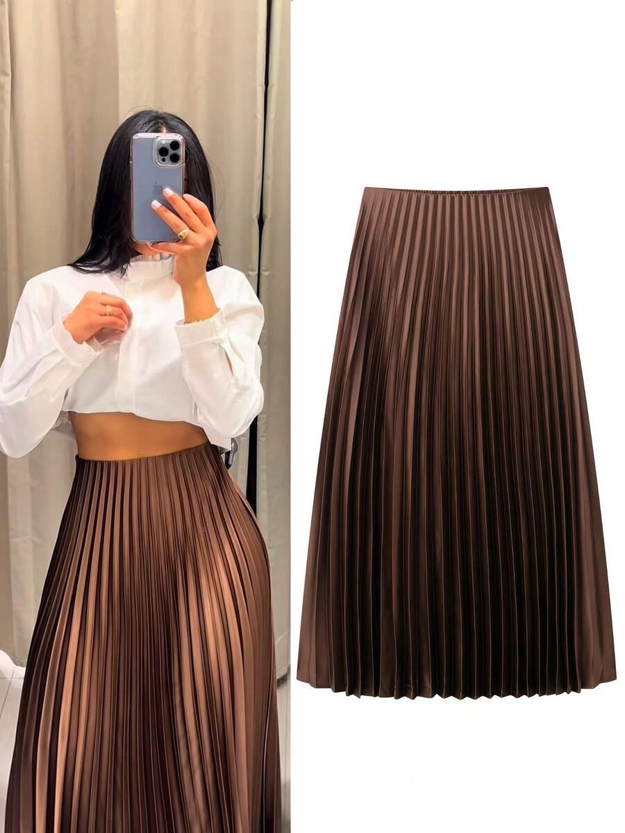 Women's Pleated Skirt Summer Brown Ruffle Skirt Cylinder Pleats Mid Waist Midi Skirt - Cà phê nâu - Xem 1
