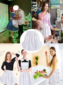 1 件装白色围裙女仆服装腰围裙，可爱复古半围裙，适用于烹饪、厨房、褶皱荷叶边饰边、带 2 个口袋的女仆围裙，角色扮演