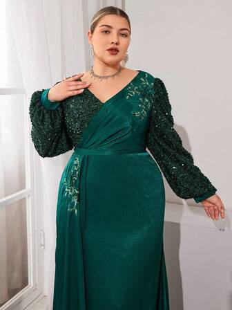 Plus Size Solid Color V-Neck Cross-Wrap Sequin Splice Elegant Long Sleeve Women's Ball Gown Evening Dress (Heavily Embellished)