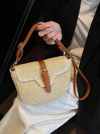 新款草编包，女士时尚单肩斜挎包，百搭时尚草编马鞍包