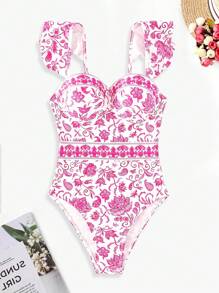 Blue And White Porcelain Print Stylish Comfy Fashion Design One-Piece Swimsuit, Classic And Elegant Swimsuit, Women's Swimwear & Apparel - 粉色 - 查看 4