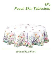 1pc 150cm Spring Floral Pattern Round Tablecloth, Modern Flowers Green Leaves Design Table Cover Spring Summer Themed Polyester Table Cloth For Birthday Party Decoration, Wedding Babe Shower Party Supplies Table Decor Home Decor - Multicolor - View 5