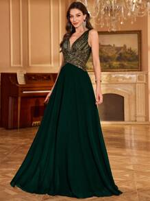 UNITHORSE [随机镂空] 女士V领渐变亮片雪纺腰部收褶纯色优雅派对礼服、婚纱、正式礼服、晚礼服、生日女士服装、毕业礼服