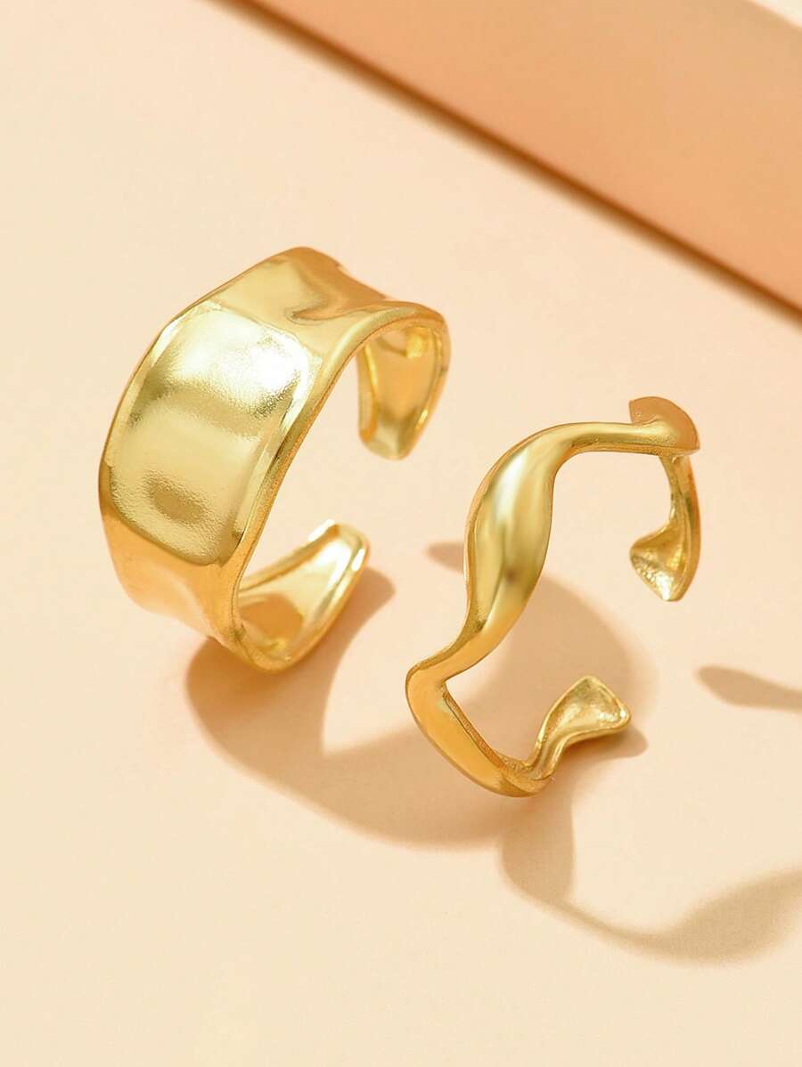 2pcs/Set Boho Open Band Rings, Stainless Steel Elegant Geometric Wave Adjustable Rings, Women Holiday Gift - Silver - View 1