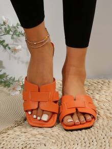 Women Snake Embossed Flat Sandals, Minimalist Style Summer Leather Flat Sandals