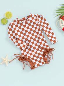 Girls Bikini Beach Swimwear Long Sleeve Checkerboard Print Ruffle Romper Bathing Suit - Brown - View 3