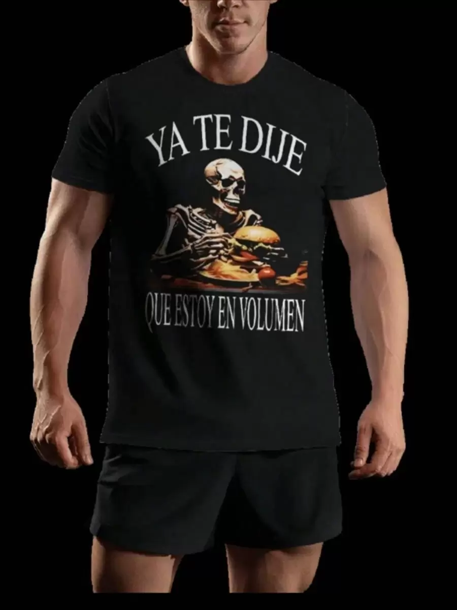 Playera, camiseta, Calacas, calaveras Chidas, meme, YA TE DEIJE QUE ESTOY EN VOLUMEN, con mangas unisex - Negro - Ver 1