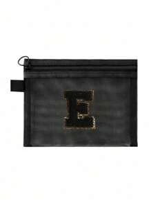 Black Mesh Bag, Large Capacity With Name Initials, Towel Embroidered Letters A-Z, Transparent Mesh Cosmetic Storage Bag, Multi-Functional Travel Portable Bag, Lipstick Skincare Product Storage Washing And Makeup Bag, Student Stationery Bag, Mesh Zipper Bag, Travel Cosmetic Packaging Storage Bag, Simple And High-End, Accessory Storage, Suitable For Dormitory Storage, Travel, Business Trip, Swimming, Home Storage Make Up Bag - Black - View 33